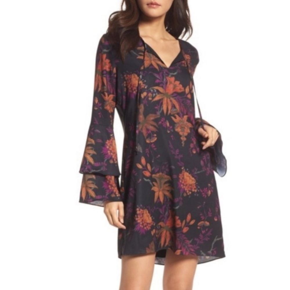 KOBI HALPERIN Bell Sleeve Black Purple Floral Dress XS
